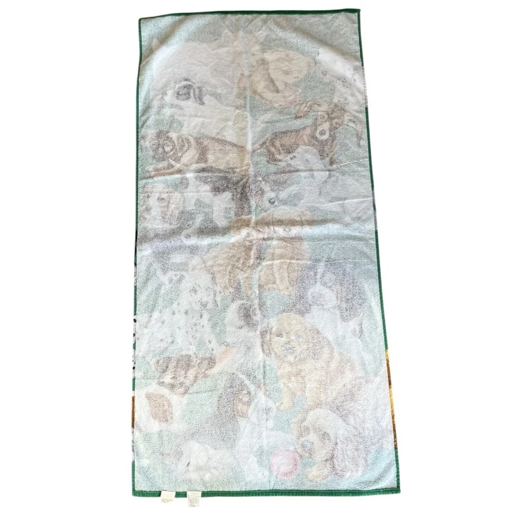 Set of 2 Vintage Hilasal Puppies Print Green Cotton Beach Towels 56”x28”